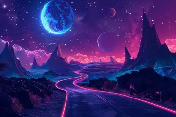 Keuken spatwand met foto Winding Road Through Futuristic Alien Landscape Under Starry Sky, Surreal Space Environment Illustration © furyon