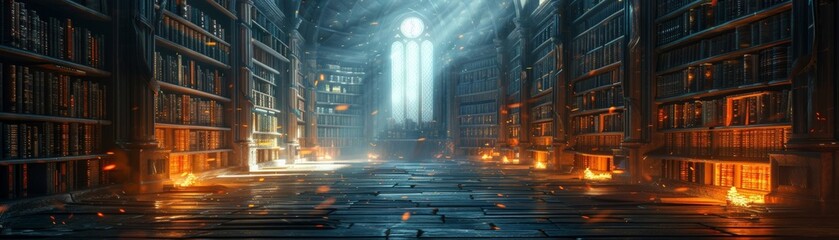 Historic archives containing enchanted manuscripts exclusively open to wizards with the proper mystical recognition symbols - obrazy, fototapety, plakaty