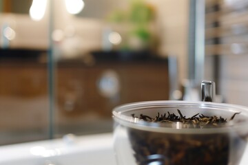 closeup on tea leaves in an infuser, bathroom setting blurry behind