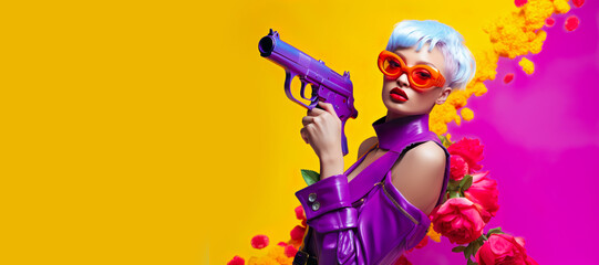 cosplay or fantasy costume with woman in colorful clothing coat and holding a gun mockup.strong and fighter concepts art.fashion ideas backgrounds