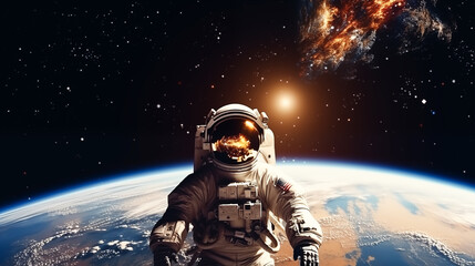 Astronaut on galaxies in the universe at spacewalk. Astronaut floating in space in front of planets. First manned mission to Mars, space exploration colonization. Mars exploration, NASA