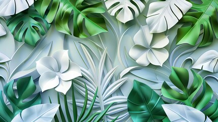 Group background of dark green tropical leaves monstera, palm, coconut leaf, fern, palm leaf, banana leaf Panorama background. concept of nature.White geometric 3d wall texture banner illustration