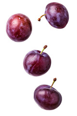 Falling plum isolated on white background, clipping path, full depth of field
