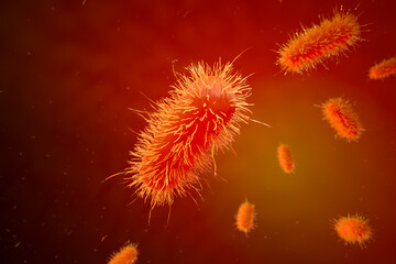 Detailed 3D Illustration of Bacteria with Cilia on Warm Reddish Background