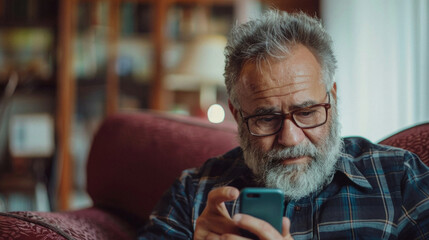 A man customer holding smartphone using apps on mobile cell phone, looking at cellphone technology device doing online ecommerce shopping or banking financial payments at home.