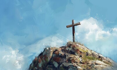 Wooden cross atop rugged rock formation, faith and perseverance symbol, serene outdoor setting, digital painting - obrazy, fototapety, plakaty