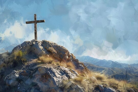 Wooden cross atop rugged rock formation, faith and perseverance symbol, serene outdoor setting, digital painting
