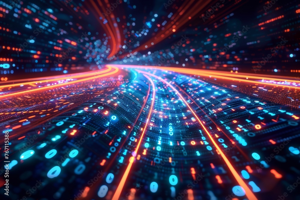 Aufkleber the digital technology scene vividly displays a dynamic and interconnected realm of binary code, sym