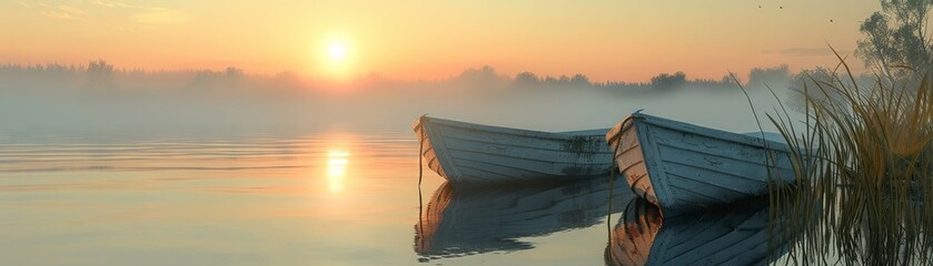 Rowboats on a peaceful lake at sunrise simplicity in motion - obrazy, fototapety, plakaty
