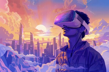 Young man wearing VR headset exploring virtual cyber world, technology concept illustration - obrazy, fototapety, plakaty