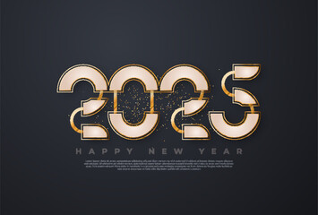 Happy new year 2025 typographic text poster design celebration. Glowing golden numbers and dark background vector illustration.	