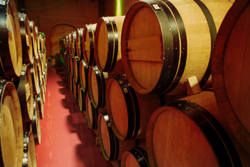 Rows of Wine Barrels in Cellar - 767115987