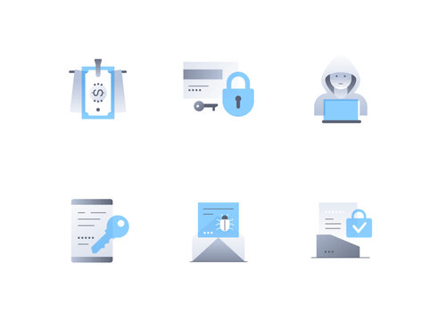 Hacking and data breach - flat design style icons set. High quality colorful images of money laundering, pick up the key to lock, computer genius, smartphone password, virus letter and verified files