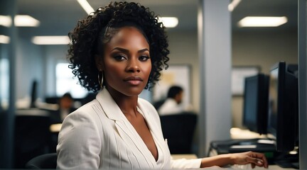 Beautiful black african woman Working happily at the office while doing business Ultra Detailed Artistic, Detailed Gorgeous Face, Natural Skin, Glowing, Glamour, Glimmer, Ultra High Quality Model - obrazy, fototapety, plakaty