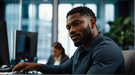 Black American men Working happily at the office while doing business Ultra Detailed Artistic, Detailed Gorgeous Face, Natural Skin, Glowing, Glamour, Glimmer, Ultra High Quality Model - obrazy, fototapety, plakaty
