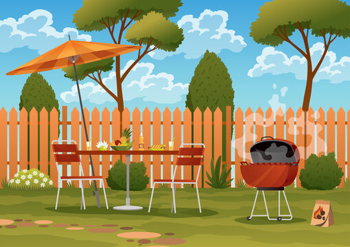 Backyard bbq grill. Outdoor picnic background. Barbecue in patio. Green grass, fence and trees. Summer landscape of yard with table and umbrella.  illustration