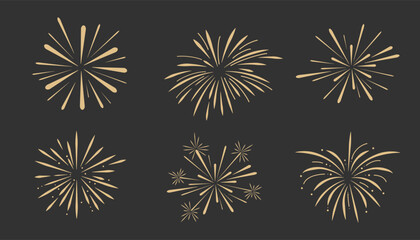 Set gold fireworks, firecrackers golden burst, rays festive doodle sparkle lights isolated on dark background.Celebration, Party Icon, Anniversary, New Year Eve, independence - obrazy, fototapety, plakaty