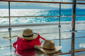 beach bag, hat, on glossy yacht floor, ocean view
