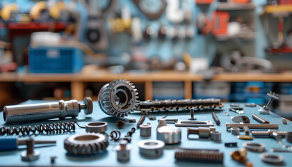 car engine on table and car being repaired on lift on blurred background