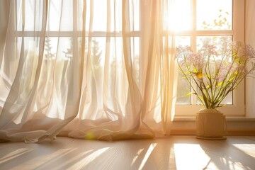 Soft sunlight through sheer curtains and a bouquet on the window sill