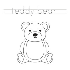 Trace the letters and color cartoon teddy bear. Handwriting practice for kids.