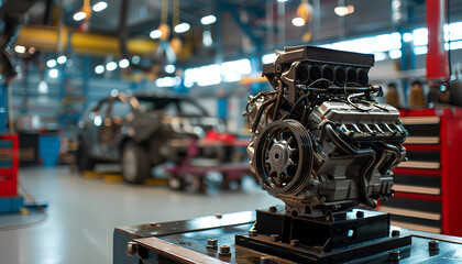 car engine on table and car being repaired on lift on blurred background - obrazy, fototapety, plakaty