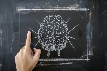 person pointing at a chalk brain illustration on a blackboard
