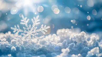 magical winter background with snow, snow flakes and soft bokeh lights on blue sky, cold backdrop...