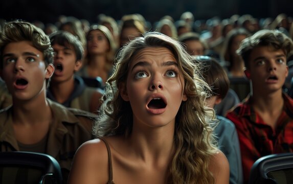 fashion young people Watching movies exited and surprised in the cinema