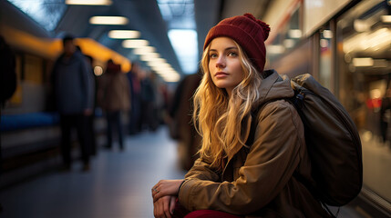 Chica joven sentada esperando, con abrigo beige y gorro tejido rojo, pelo largo rubio, una mochila a la espalda, en una estación de tren, con pasajeros al fondo, hilera de luces, primer plano - obrazy, fototapety, plakaty