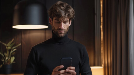 A man customer holding smartphone using apps on mobile cell phone, looking at cellphone technology device doing online ecommerce shopping or banking financial payments at home.