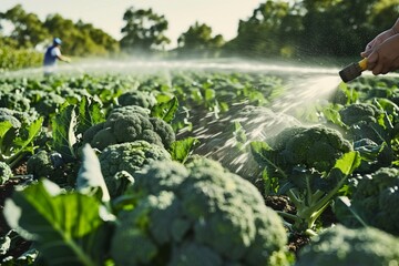 broccoli field with sprinklers on, person checking water flow - obrazy, fototapety, plakaty