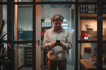 A man customer holding smartphone using apps on mobile cell phone, looking at cellphone technology device doing online ecommerce shopping or banking financial payments at home.