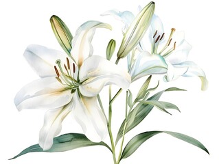 Fototapeta na wymiar Elegant White Lily Flowers with Green Stems in Vibrant Watercolor Painting