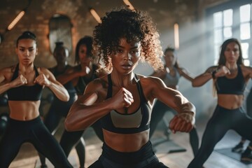 Naklejka premium Focused women practicing self-defense in a gym