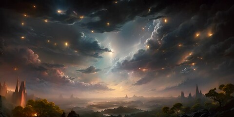 Extra terrestrial canopy embellished with a multitude of space elements, forming a cascade of reaction of space dust that grace the galaxy 4K Video