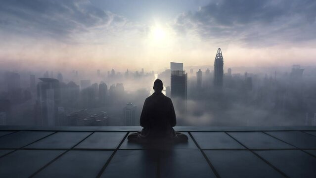 Man Meditating On A Rooftop Of A Big Skyscraper In A Huge City During A Foggy Morning Sunrise