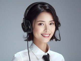 A woman wearing a headset and smiling