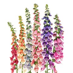 Vibrant Watercolor Foxglove Spires with Colorful Floral Blooms in Natural Garden Landscape - obrazy, fototapety, plakaty