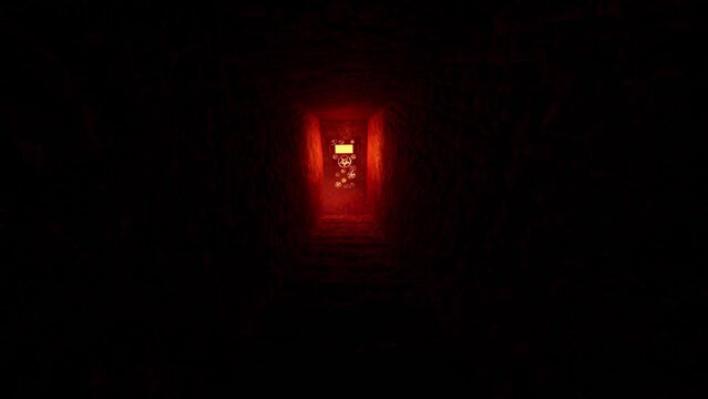 3D render. Halloween. Door to hell in the basement of an old house.