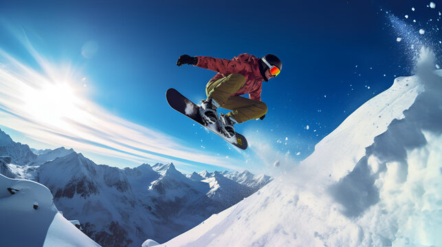 Snowboarding in winter with blue sky background
