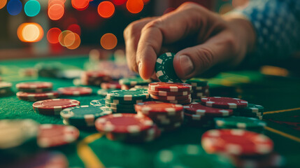 The vibrant atmosphere of a casino, chips on the green felt.