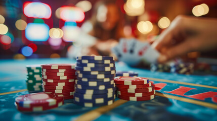 Fototapeta premium The vibrant atmosphere of a casino, chips on the green felt.