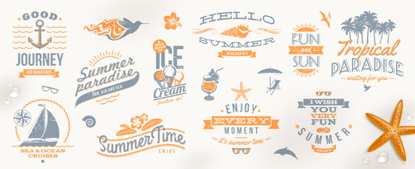 Set of summer holidays, travel and vacation retro emblems and logo. Type design, Vector illustration. - 767118142