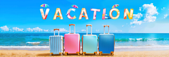 Banner with colorful suitcases lined up on a sandy beach under the word VACATION