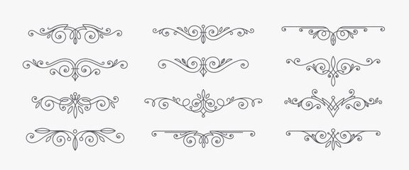 Set of calligraphic flourishes elegant ornamental dividers. Page decorations design elements. Vector illustration. - 767118194