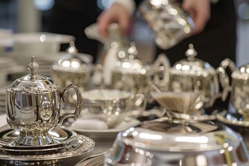 Fototapeta na wymiar silver coffee service set on a buffet with a person serving in the background