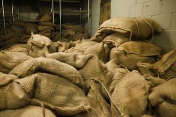 pile of burlap sacks in a storage room