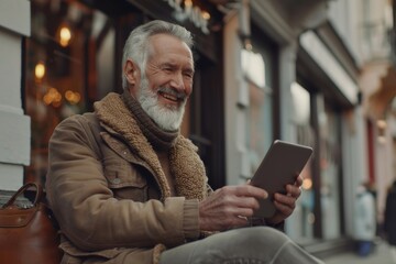 Happy older adult using modern devices