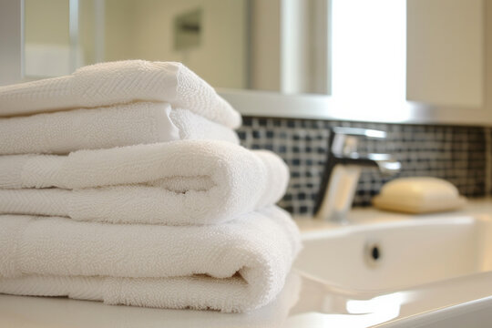 A stack of white towels is on top of a sink. The towels are neatly folded and arranged in a pyramid shape. The bathroom is clean and well-organized, with a mirror above the sink